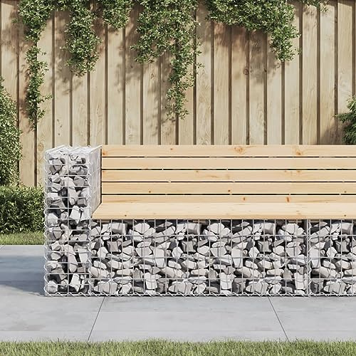 Teenpull Gabion Garden Bench, 122 x 71 x 65.5 cm, Solid Pine Wood, Robust Galvanised Steel, Weather-Resistant, for Garden, Patio, Outdoor Use