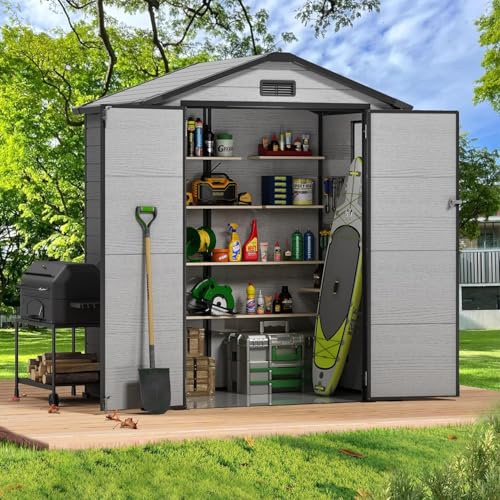 6x4 FT Resin Storage Shed with Floor, Easy Assemly Outdoor Small Plastic Shed with 2 Doors & 2 Windows, Locable Storage Garden Shed for Bike Lawn Mower Garbage Can