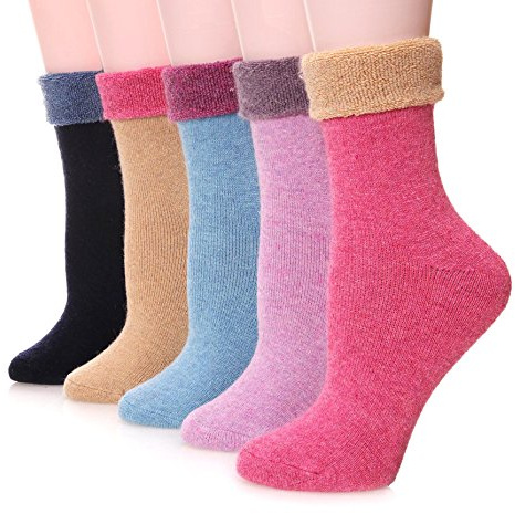 EBMORE Womens Merino Wool Socks Thermal Thick Warm Winter Cosy Boot Work Gift Stocking Fillers Women Hiking Walking Ladies Socks 5 Pairs(Turn Cuff Pink)