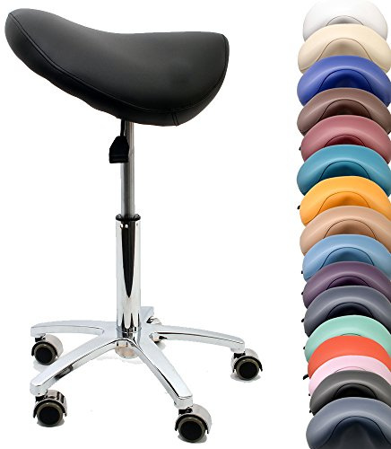 Promafit, Sattelstuhl - Sattelhocker - Rollhocker - Arbeitshocker - für Praxis, Büro und Home-Office - höhenverstellbar und drehbar (Schwarz)