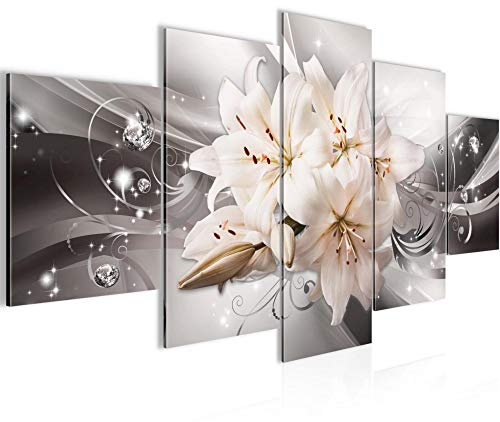 Runa Art - Quadri Fiori Gigli 200 x 100 cm 5 Pezzi XXL Decorazione Murale Design Grigio Beige 020151c