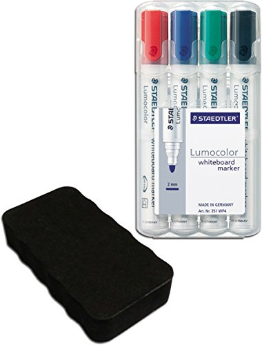 Staedtler 351 WP4 Lumocolor - Pennarello per Lavagna Bianca, Confezione da 4 Pezzi con cancellino, Stifte + Löscher Schwarz, 1