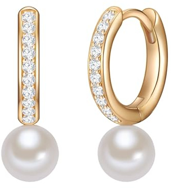 Valero Pearls Damen Ohrringe 925/- Sterling Silber gelbgold | gelbvergoldet 14 Karat, Creolen, Zirkonia, weiß, Süßwasser-Zuchtperle, ca. 6,5 - 7,0 mm, weiß, rund