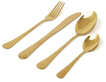 Sabichi Gold Hammered Cutlery Set - Flatware Set for 4 People - 4X Table Knife, Fork, Spoons - Easy to Clean Cutlery Set