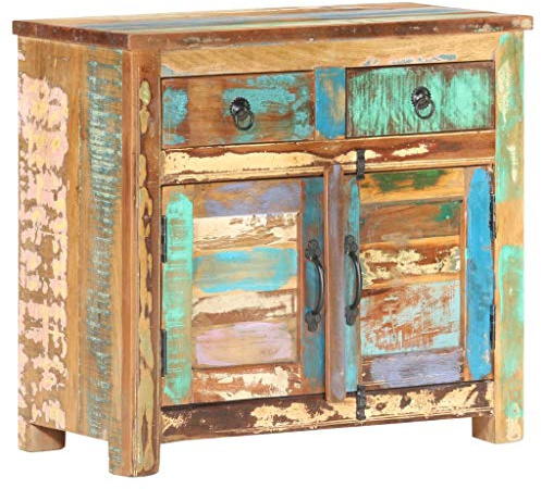 Festnight Sideboard 70×35×65 cm Recyceltes Massivholz mit 2 Türen 2 Schubladen Beistellschrank Mehrzweckschrank handgefertigt Kommode
