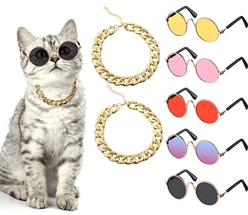 Weewooday 7 Pcs Dog Sunglasses Cats Sunglasses with 2 Gold Chain Retro Round Metal Glasses Funny Cute Cosplay Costume for Small Pet(Vivid Colors,Lovely Style)