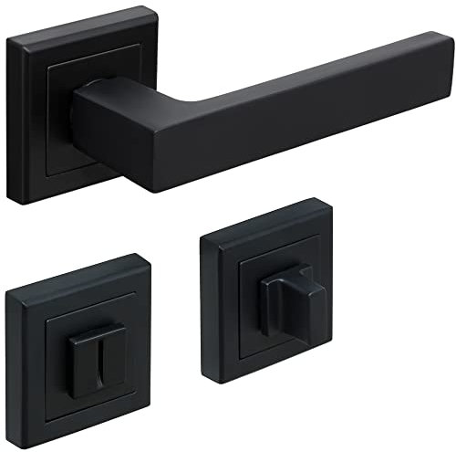 Hardware Store Moderne Aluminium Türklinke auf eckigen Rosette - für Innentüren Badezimmertüren Türgriff Türbeschlag Drückergarnitur Schwarz Matt L-Form - WC - Badezimmer - inkl. Befestigungsmaterial