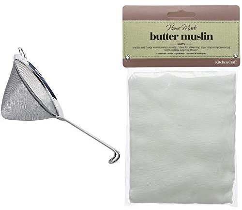 KitchenCraft KCSSCON180 Conical Sieve with Fine Mesh, Stainless Steel, 18 cm Silver & Home Made Butter Muslin Cloth for Straining, Cotton, 90 cm