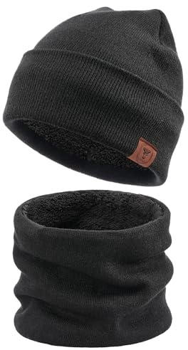OZERO Thermal Beanie Hat and Neck Warmer Set for Men and Women, Fleece Lined Knit Snood Scarf, 2 Piece Winter Gift for Commuting, Dog Walking and Ski Trips, One Size 52-60cm
