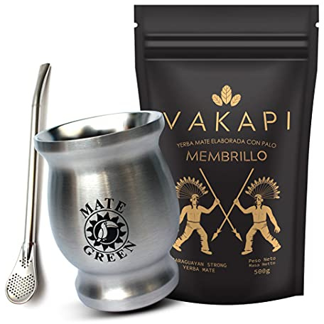 Vakapi Juego de té Yerba Mate Green Membrillo de acero inoxidable de 230 ml, frutos de quitten, hoja de fresa, rastrillo, Muira Puama, solo aromas naturales, juego de té Perfect Mate 700 g