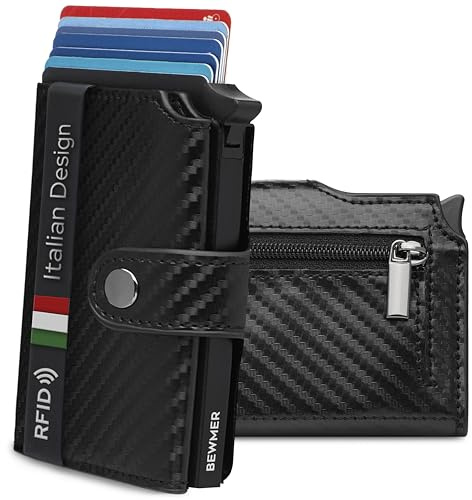 BEWMER v2 Kartenetui mit RFID-Schutz & Anti-Cloning - Damen & Herren Geldbörse mit Münzfach & Platz für 9 Kreditkarten | Kunstleder Portemonnaie Herren & Damen mit Clipverschluss | Schwarzes Carbon