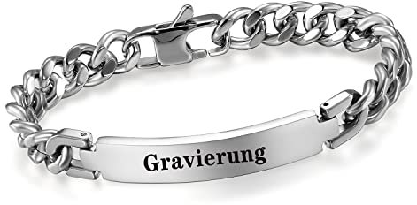 Cupimatch Armband Herren mit Gravur Edelstahl Poliert Panzerkette Armband Panzerarmband Armreif silber