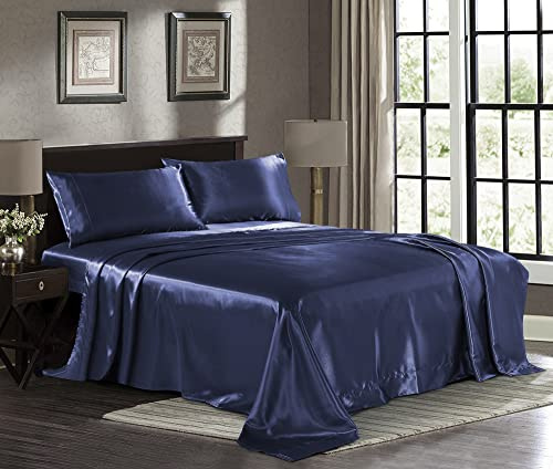 Pure Bedding Satin Sheets Queen [4-Piece Stain Resistant - Deep Pocket Fitted Sheet, Flat Sheet and Pillow Cases