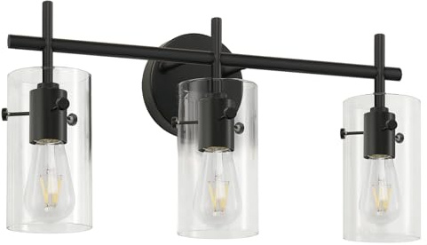 Indoi Bathroom Light Fixtures, 3-Light Matte Black Vanity Light, Black Bathroom Lights Over Mirror with Clear Glass Shade, Wall Sconces for Mirror Bedroom Living Room Hallway