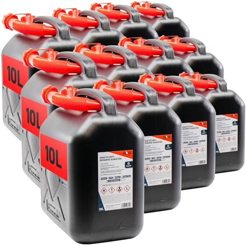 KOVA 13x Benzinkanister 10L SCHWARZ Kunststoff Dieselkanister Reservekanister Kraftstoffkanister 10 L Liter ltr Wasserkanister für Benzin Diesel Wasser AdBlue 10-Liter-Kanister Petrol Can Kanister