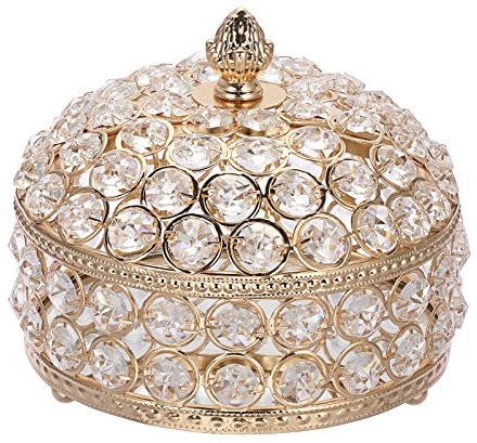SUMTree Crystal Jewelry Box with Lid, Trinket Vanity Decorative Organizer with Mirrored Base, Round Keepsake Boxes for Home decor, Golden Jewelry Organizer for Rings Earings Necklace, Gold