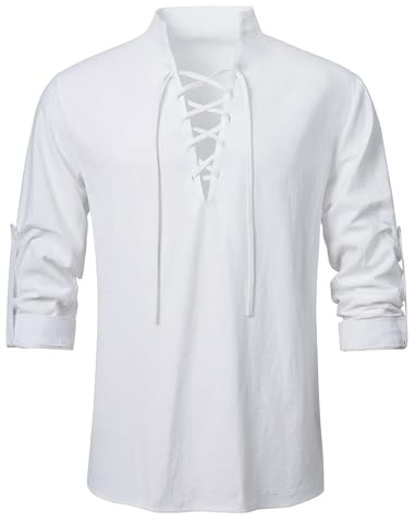AIFARLD Men's Long Sleeve Shirts Retro Style Lace up for Medieval Viking Hippie Halloween Cosplay Pirate Renaissance Costume White