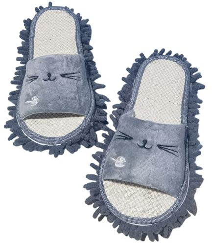 Moorfowl Cat Chenille Microfiber Mopping Slippers Detachable for Women Dust Dirt Hair Mop Slippers Washable for Floor Cleaning, Grey Cat, 5.5 UK