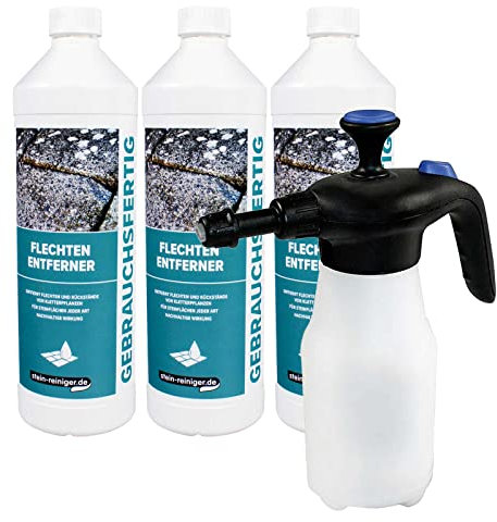 stein-reiniger Flechten Entferner 3x1L inkl. Schaum Drucksprüher 1L, Pilz Entferner, für alle Steinflächen