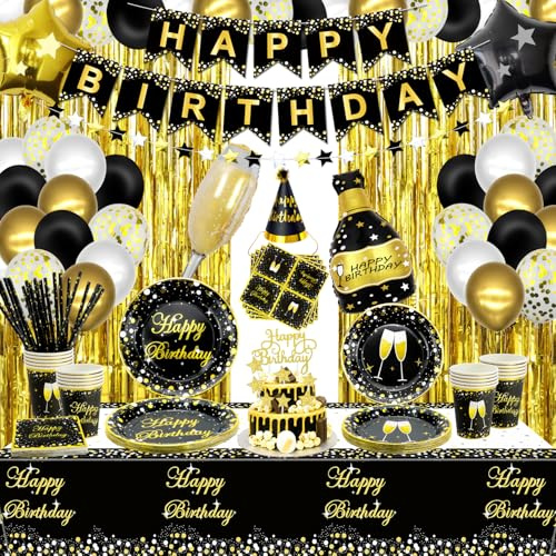 XJLANTTE 163 PCS Décorations de Fête Noir et Or - Ballon de Fête Or Noir, Bannière d'Anniversaire, Guirlande, Tasses et Nappe pour Hommes Femmes Articles de Fête, Pour 20 Invités, Or Noir-l