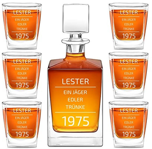 Maverton Whisky Karaffe 810 ml + 6er Whiskygläser Set mit Gravur - Whisky Dekanter mit Gläsern 250 ml für Männer - personalisiertes Whiskey Set für Whiskyliebhaber - Jäger