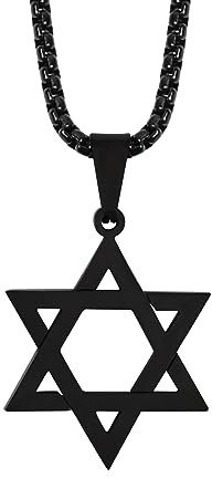 HAQUIL Star of David Necklace, Black Plated Stainless Steel Hexagram Six Pointed Star Pendant, Box Chain, Jewish Israel Jewelry Gift