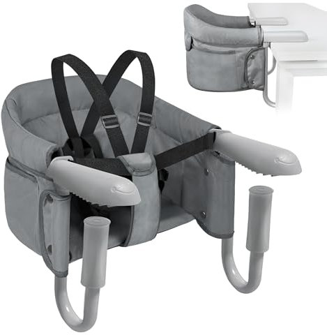 LILIIN Baby Tischsitz Faltbar Sitzerhöhung, Babysitz mit Anti-Rutsch-Klemmen&Rückenlehne, Reisehochstuhl Boostersitz inkl. Sitztasche, für 2-8cm Dicke Tische, Grau