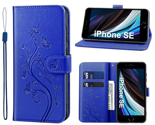 KRAFTCARE Lederhülle kompatibel mit iPhone SE 2022/2020 Hülle, Handyhülle für iPhone 8/7 Premium PU Leder Wallet mit Kartenfach Ständer Klapphülle Schutzhülle für iPhone 7/8/SE, Dunkelblau