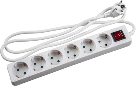Regleta de 6 Salidas con Interruptor, 1,5 m, 3G, 1,5 mm² Blanca para distribución eléctrica y protección de Dispositivos.