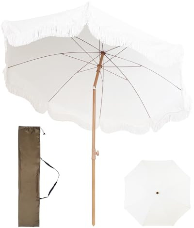 Boho Sonnenschirm Mit Fransen 200cm Strandschirm Uv Schutz Weiß Gartenschirm Wasserdicht Balkonschirm 45° Verstellbarer Terrassenschirm Portable Marktschirm Mit Tasche Für Garten Terrasse Pool