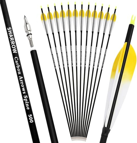 Bogenschießen 5 Zoll Truthahn Feder Carbon Pfeil Spine 500 Jagdpfeil mit 100 Grain abnehmbaren Gewinde Pfeilspitze 6/12Pcs 28/30/31 Zoll Praxis Pfeil (12, gelb, 28 inch)