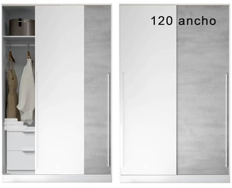 HABITMOBEL Armario Dormitorio con Cajonera 120cm Ancho Puertas Correderas Blanco y Gris Motee