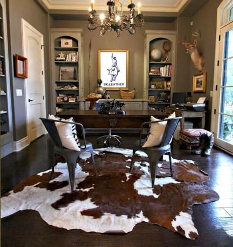 REAL/GENUINE COWHIDE LEATHER RUGS TRICOLOR COW FUR HIDE SKIN CARPET AREA (BROWN & WHITE, XX-LARGE [29-35 SQFT])