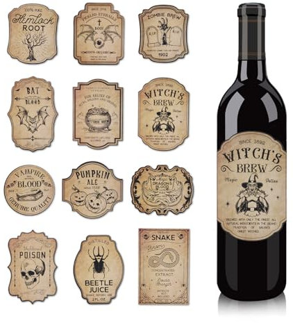 36pcs Halloween Wine Bottle Stickers, 12 Styles Halloween Bottle Labels Apothecary Potion Labels Stickers Waterproof Drink Labels Stickers for Scrapbook Decoration Laptop Phone Adults Teens Party