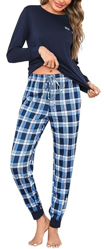 Bresdk Pyjama Femme Hiver Coton Manches Longues Pantalon à Carreaux Poches | Ensemble de vêtements de nuit femme, col rond, taille élastique à cordon, coupe décontractée