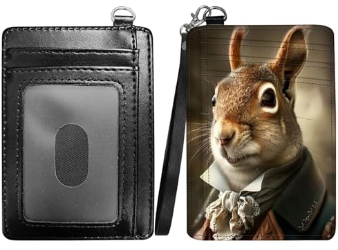 RWUTYTIUL Squirrel Slim Minimalist Wallet with Lanyard Strap, PU Leather Front Pocket Wallet RFID Blocking Credit Card Holder Card Cases with ID Window for Man Woman Boy Girl