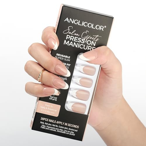 Anglicolor ongles à pression French Tip,ongles courts en amande,30 faux ongles en gel souple en 15 tailles,kit de faux ongles réutilisables (A103, 30 unités)