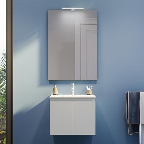 Parama Mobile Da Bagno Sospeso Mod. Yili Con Lavabo In Ceramica Profondità 46cm Specchio Filolucido Incluso (80cm Due Ante, Bianco effetto legno)