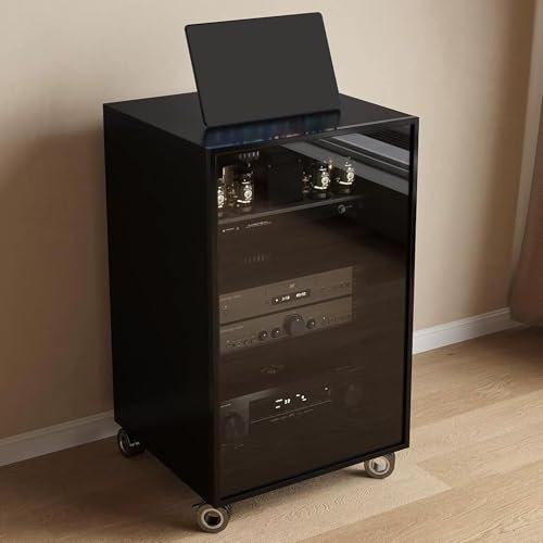 JIAOCKJIAO Phonoschrank, Beweglicher Audio Rack Hi Fi Regal, Record Player Stand mit Glastür, Hi Fi Rack mit Kabellöchern, Moderner TV-Schrank mit Verstellbaren Regalen(Nero,3 Tier 55x45x80CM)