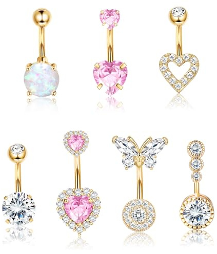 Calkkrer Piercing para Ombligo de Acero quirúrgico, 7 Unidades, 14 g, diseño de corazón, Resistente al Agua, hipoalergénico