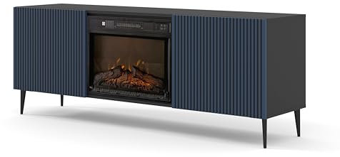 Homlando Ravenna 2D - Armario para TV (170 cm, con chimenea eléctrica, mesa baja, aparador, frontal fresado), color negro mate y azul
