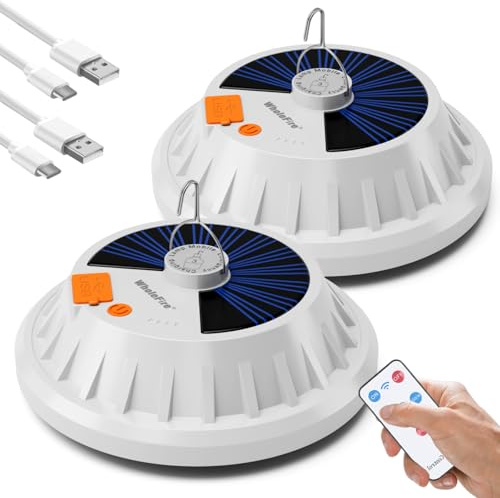 WholeFire 2 delar USB-solcellslampa med fjärrkontroll – hängande IPX7 vattentät tältlampa utomhuslampa för camping, vandring, strömavbrott, orkan, mobiltelefonladdning i nödsituationer