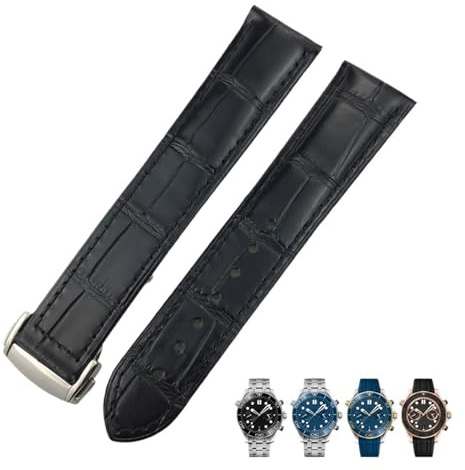 SRDRK Lederarmband 18mm 19MM 20mm 22mm Passend für Omega Seamaster 300 De Ville AT150 Moonswatch Speedmaster Uhrenarmband(Black-Round buckle,20mm)