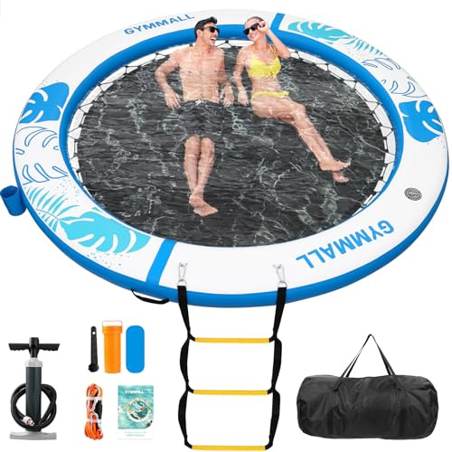 GYMMALL Inflatable Water Hammock Floating Dock 8 FT with Mesh, Tanning Pool Float Round Ring for Adults, Sunchill Mat Raft Platform for Lake and Beach with Water Ladder and Cup Holder - Blue White