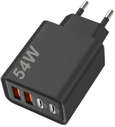 Tomedeks Cargador USB C, 54W 4 Puertos Enchufe USB,PD+QC 3.0, Cargador Carga Rapida para iPhone, Samsung,Xiaomi,Huawei(Negro)