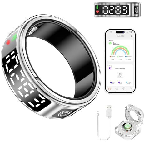 Domhong Smart Ring Health Tracker para mujeres y hombres, anillos de fitness impermeables IP68 con pantalla LED, frecuencia cardíaca/oxígeno en sangre/monitoreo del sueño/seguimiento de movimiento