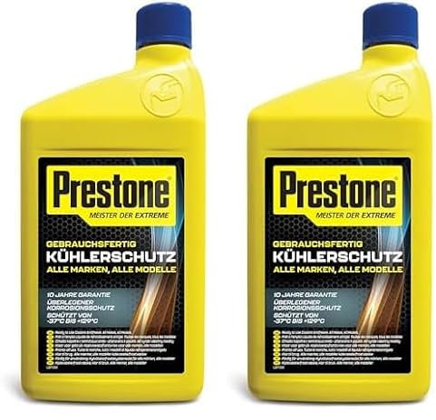 Prestone PAFR0057B Kühlerfrostschutz -37°C bis 129 °C, Korrosionsschutz 10 Jahre,Kühlerschutzmittel GEBRAUCHSFERTIG, Neue Formel 2024, 1L, Gelb (Packung mit 2)