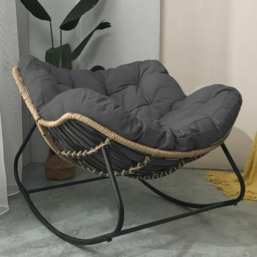 Übergroßer Schaukelstuhl für den Außenbereich mit gepolstertem Kissen – Indoor-Rattan-Weiden-Lounge-Eierstuhl auf stabilem Metallrahmen – geräumiges dunkelgraues Design