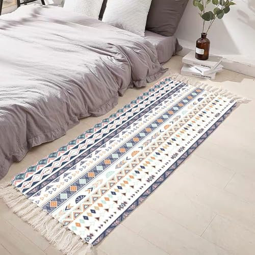 Mesnt Wohnzimmer Teppich, Geometrisches Muster mit Quasten Teppiche aus Baumwoll-Leinen Ideal für Terrasse Balkon Wohnzimmer & Küche, Bunt, Stil 1, Größe: Rechteckig 60x90cm