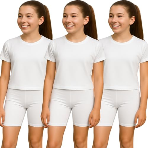 PopCouture Pack of 3 - Girls Premium Activewear Gymnastics Sports Cycling Shorts 5-6 Years White